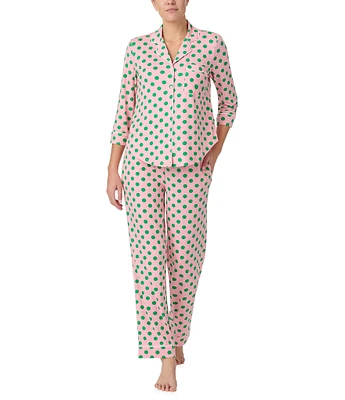 kate spade new york 3/4 Sleeve Notch Collar Long Knit Dotted Pajama Set