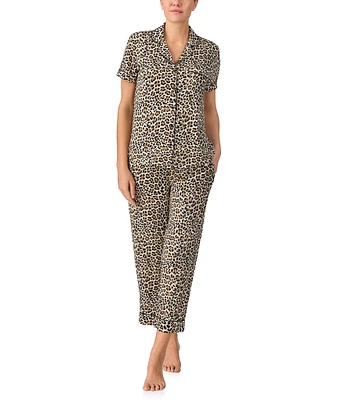 kate spade new york Animal Print Short Sleeve Notch Collar Button-Front Knit Cropped Pajama Set