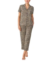 kate spade new york Animal Print Short Sleeve Notch Collar Button-Front Knit Cropped Pajama Set