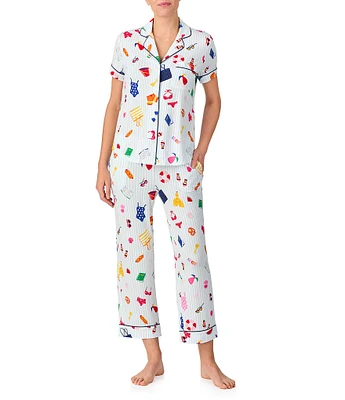 kate spade new york Beach Trip Stripe Print Short Sleeve Notch Collar Knit Cropped Pajama Set