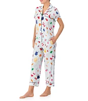 kate spade new york Beach Trip Stripe Print Short Sleeve Notch Collar Knit Cropped Pajama Set