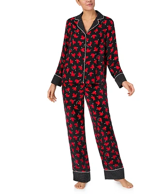 kate spade new york Black Ground Heart Print Notch Collar Long Sleeve Satin Pajama Set