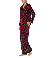 kate spade new york Black Ground Heart Print Notch Collar Long Sleeve Satin Pajama Set