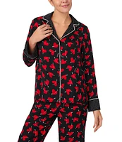 kate spade new york Black Ground Heart Print Notch Collar Long Sleeve Satin Pajama Set