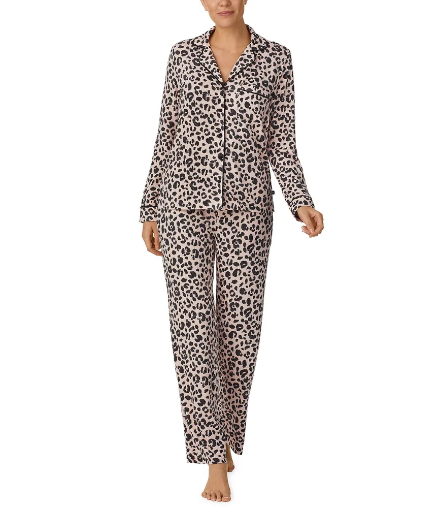 kate spade new york Brushed Sweater Knit Sketch Leopard Long Sleeve Notch Collar Pajama Set