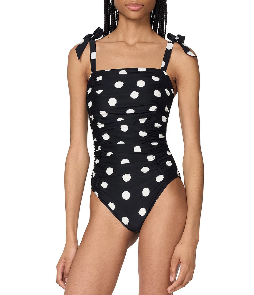 kate spade new york Dotted Print Square Neck Shirred Bandeau One Piece Swimsuit