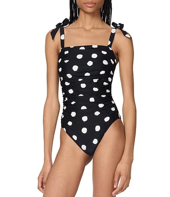 kate spade new york Dotted Print Square Neck Shirred Bandeau One Piece Swimsuit
