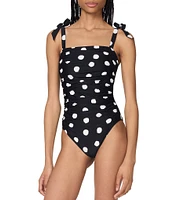 kate spade new york Dotted Print Square Neck Shirred Bandeau One Piece Swimsuit