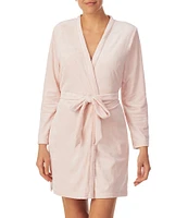 kate spade new york Embossed Floral Plush Long Sleeve Tie-Front Short Wrap Cozy Robe