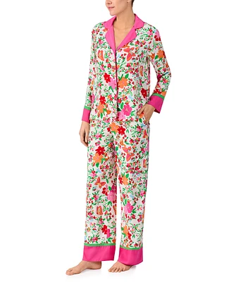 kate spade new york Floral Print Long Sleeve Notch Collar Satin Pant Pajama Set