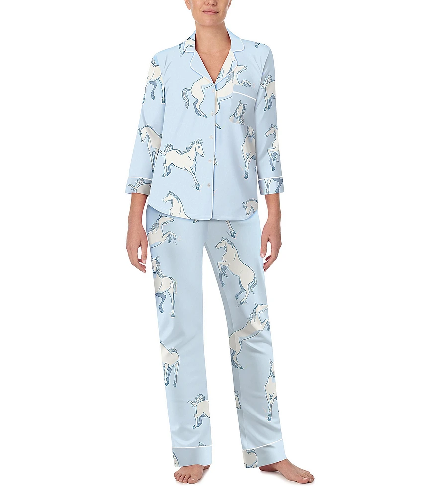 kate spade new york Knit 3/4 Sleeve Notch Collar Horse Print Pajama Set