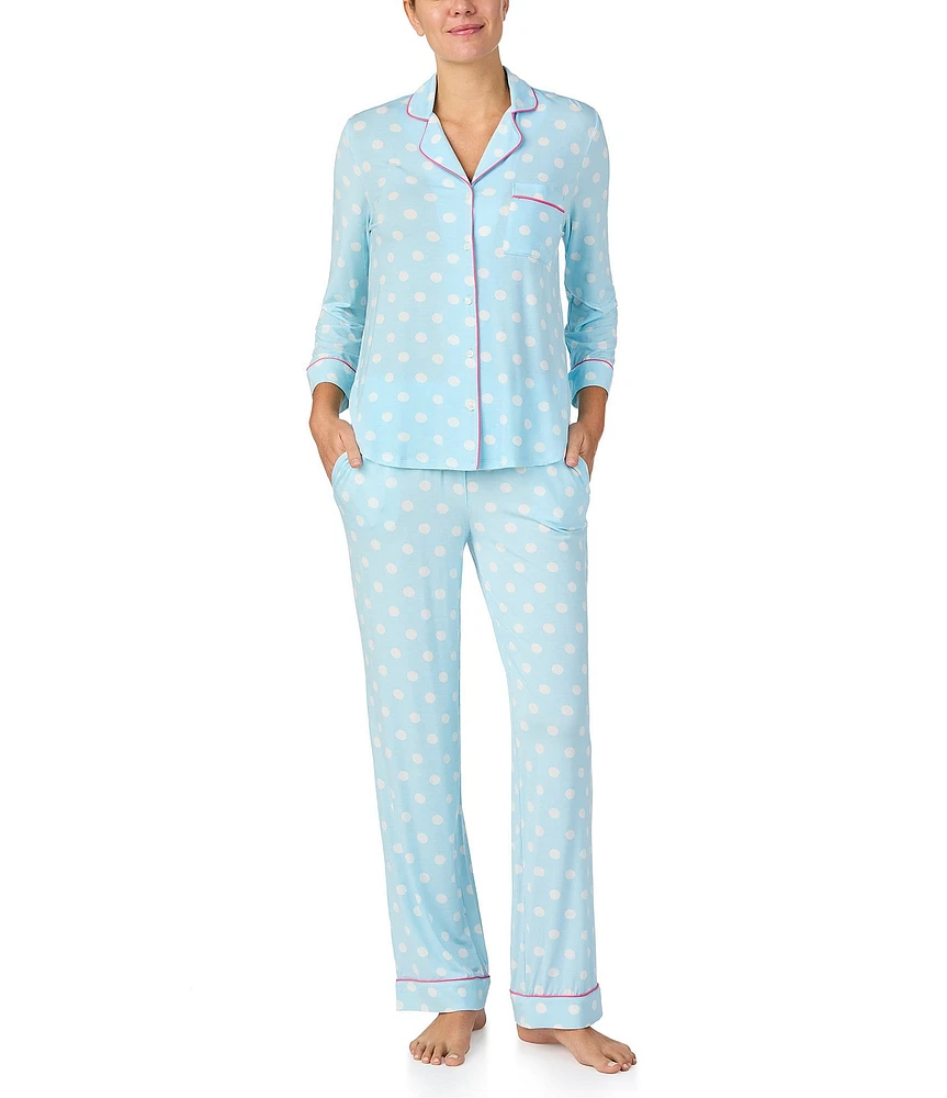 kate spade new york Knit Dotted 3/4 Sleeve Notch Collar Long Pajama Set