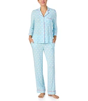 kate spade new york Knit Dotted 3/4 Sleeve Notch Collar Long Pajama Set