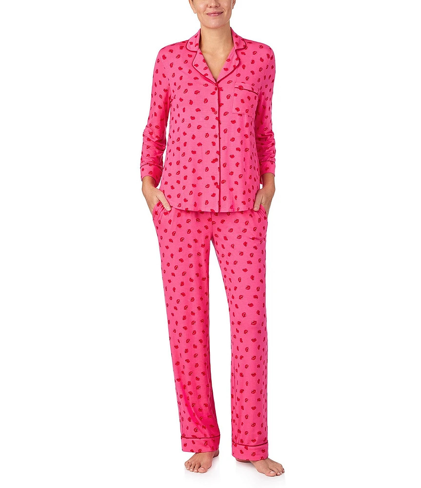 kate spade new york Knit Lip Print 3/4 Sleeve Notch Collar Long Pajama Set