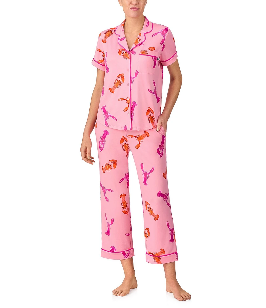 kate spade new york Lobster Dance Short Sleeve Notch Collar Button-Front Knit Cropped Pajama Set
