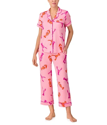 kate spade new york Lobster Dance Short Sleeve Notch Collar Button-Front Knit Cropped Pajama Set