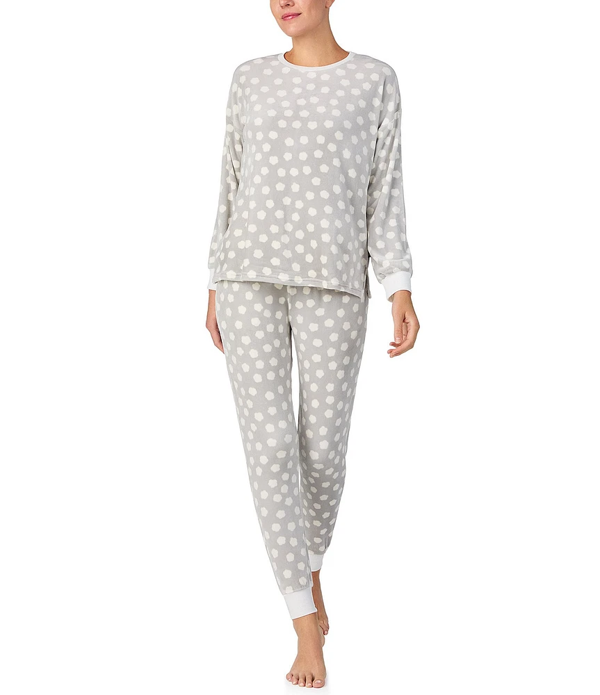 kate spade new york Long Sleeve Crew Neck Stretch Velour Dotted Pajama Set