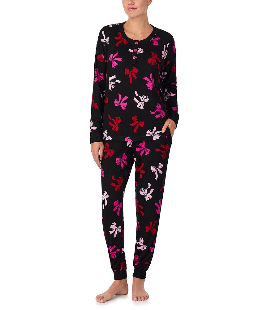 kate spade new york Long Sleeve Henley & Jogger Sweater Knit Bow Print Holiday Pajama Set