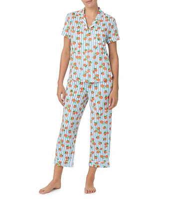 kate spade new york Orange Fruit Print Short Sleeve Notch Collar Knit Cropped Pajama Set