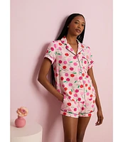 kate spade new york Painterly Cherries Print Short Sleeve Notch Collar Knit Shorty Pajama Set