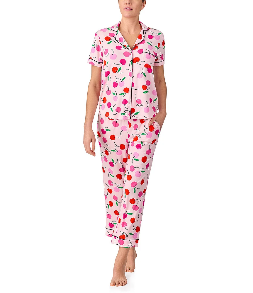 kate spade new york Painterly Cherries Short Sleeve Notch Collar Button-Front Knit Cropped Pajama Set