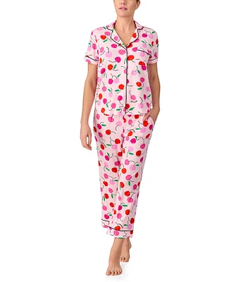 kate spade new york Painterly Cherries Short Sleeve Notch Collar Button-Front Knit Cropped Pajama Set