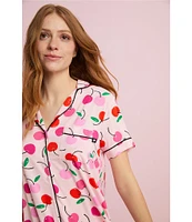 kate spade new york Painterly Cherries Short Sleeve Notch Collar Button-Front Knit Cropped Pajama Set