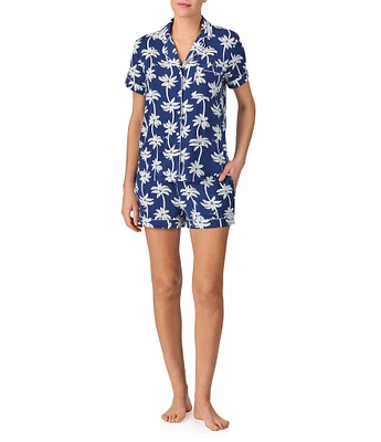 kate spade new york Tropical Palm Print Short Sleeve Notch Collar Knit Shorty Pajama Set