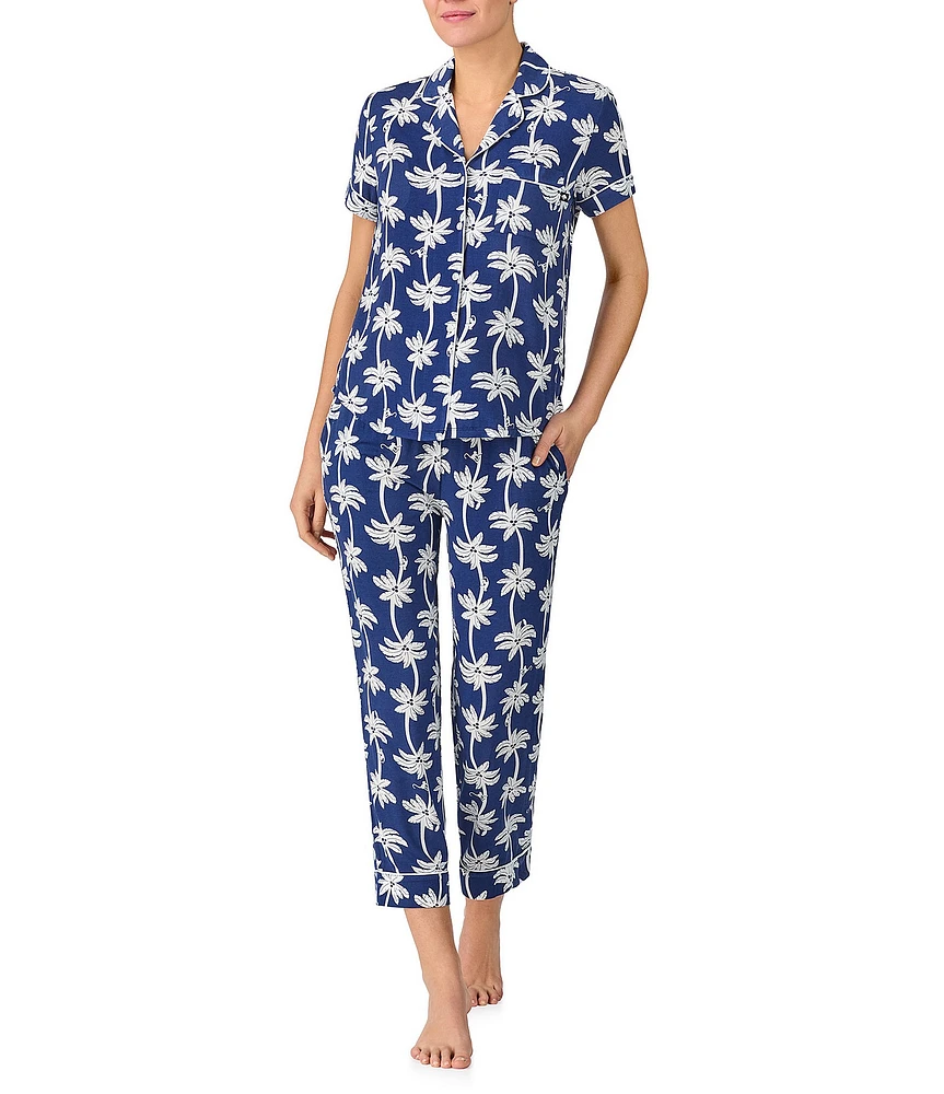 kate spade new york Palm Trees Printed Short Sleeve Notch Collar Knit Cropped Pajama Set