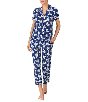kate spade new york Palm Trees Printed Short Sleeve Notch Collar Knit Cropped Pajama Set
