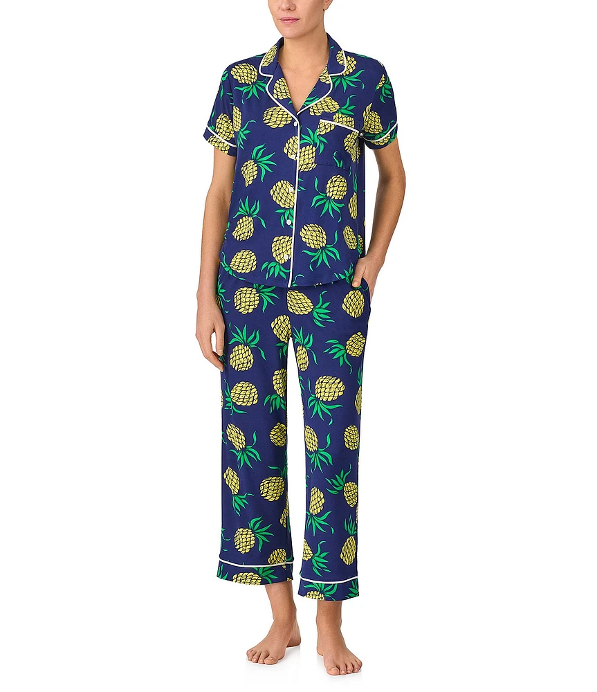 kate spade new york Pineapple Toss Short Sleeve Notch Collar Button-Front Knit Cropped Pajama Set