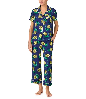 kate spade new york Pineapple Toss Short Sleeve Notch Collar Button-Front Knit Cropped Pajama Set