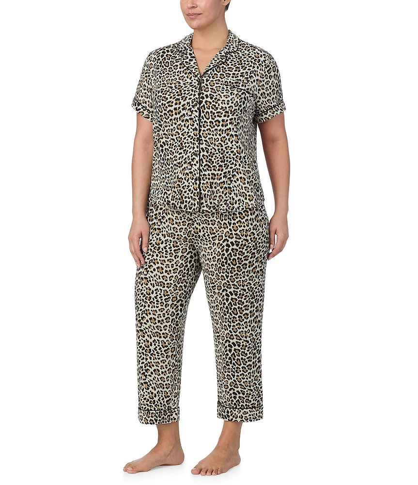 kate spade new york Plus Size Animal Print Short Sleeve Notch Collar Button-Front Knit Cropped Pajama Set