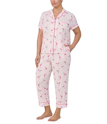 kate spade new york Plus Size Flamingo Print Short Sleeve Notch Collar Knit Cropped Pajama Set