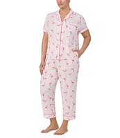 kate spade new york Plus Size Flamingo Print Short Sleeve Notch Collar Knit Cropped Pajama Set