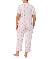 kate spade new york Plus Size Flamingo Print Short Sleeve Notch Collar Knit Cropped Pajama Set