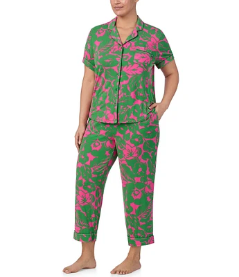 kate spade new york Plus Size Tropical Foliage Short Sleeve Notch Collar Button-Front Knit Cropped Pajama Set