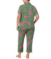 kate spade new york Plus Size Tropical Foliage Short Sleeve Notch Collar Button-Front Knit Cropped Pajama Set