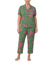 kate spade new york Plus Size Tropical Foliage Short Sleeve Notch Collar Button-Front Knit Cropped Pajama Set