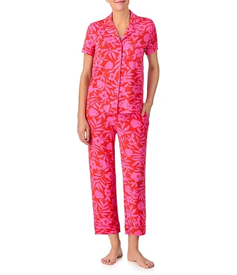 kate spade new york Printed Short Sleeve Notch Collar Knit Cropped Pajama Set