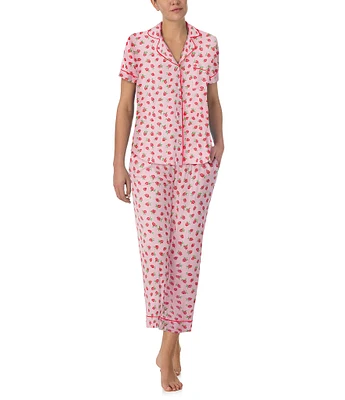 kate spade new york Raspberry Print Short Sleeve Notch Collar Jersey Knit Cropped Pajama Set