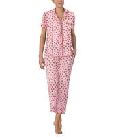 kate spade new york Raspberry Print Short Sleeve Notch Collar Jersey Knit Cropped Pajama Set