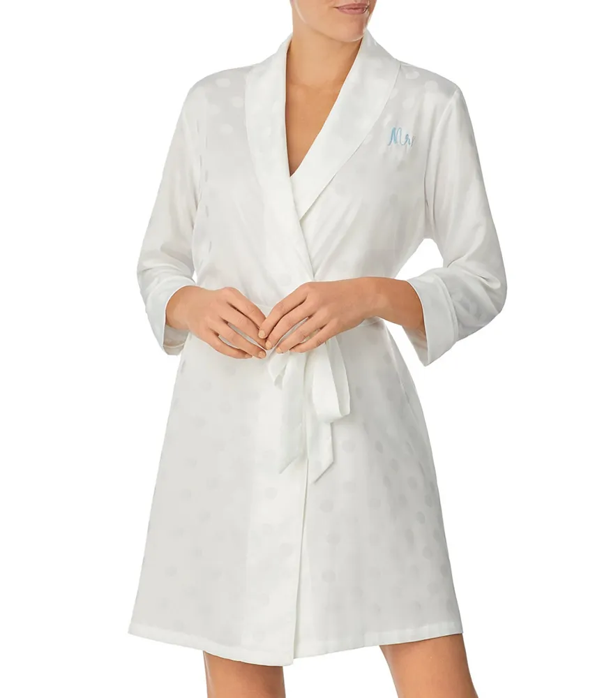 kate spade new york Satin Jacquard Dot 3/4 Sleeve Mrs. Short Bridal Wrap Robe