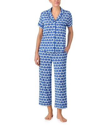 kate spade new york Shell Geo Short Sleeve Notch Collar Button-Front Knit Cropped Pajama Set