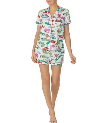 kate spade new york Short Sleeve Notch Collar Brushed Jersey Short Mini Golf Print Pajama Set