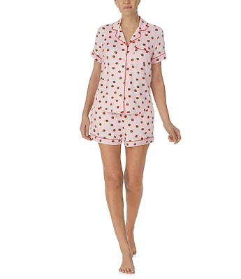 kate spade new york Short Sleeve Notch Collar Brushed Jersey Short Strawberry Print Pajama Set