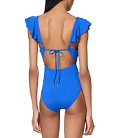 kate spade new york Solid Ruffle V-Wire Cut-Out Front One Piece Swimsuit