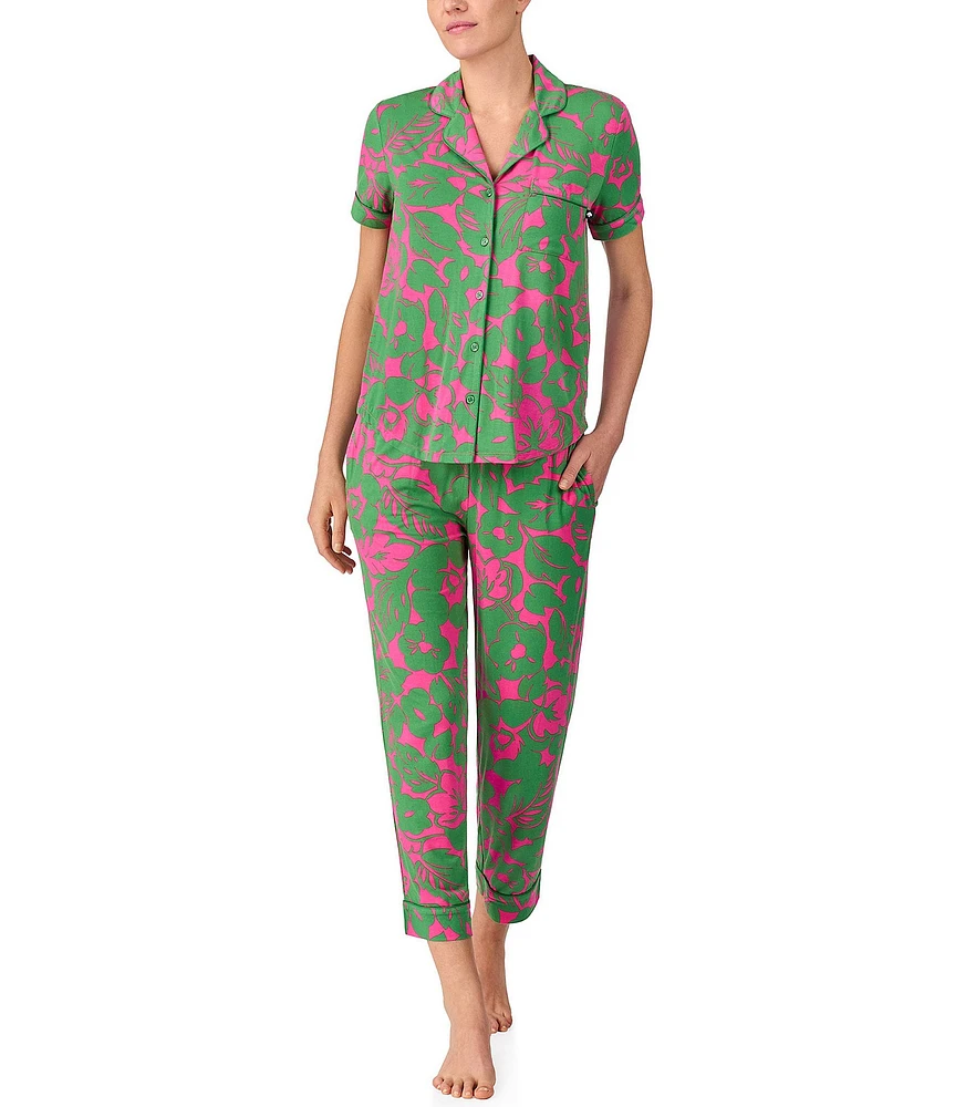 kate spade new york Tropical Foliage Short Sleeve Notch Collar Button-Front Knit Cropped Pajama Set