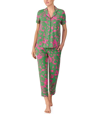 kate spade new york Tropical Foliage Short Sleeve Notch Collar Button-Front Knit Cropped Pajama Set