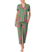 kate spade new york Tropical Foliage Short Sleeve Notch Collar Button-Front Knit Cropped Pajama Set